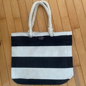 Polo by Ralph Lauren Black &  Cream Sturdy Canvas Striped Large Beach Tote Bag